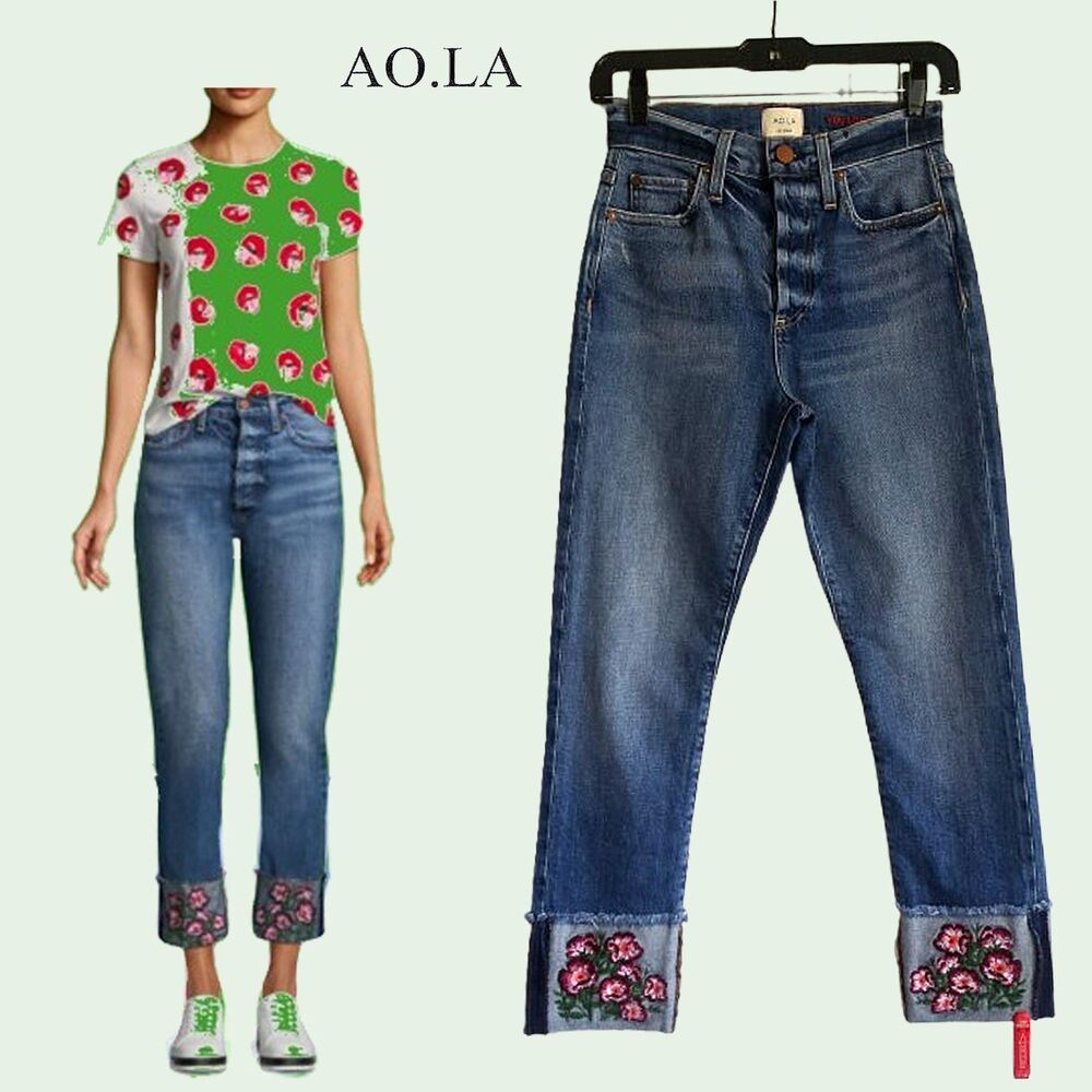 ao.LA by Alice + Olivia NEW Floral Embroidered Cuff Jeans Size 24